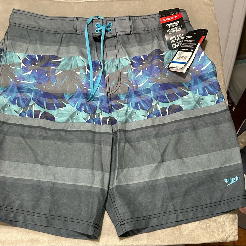 NWT Speedo Men's Gray and Blue Swim Shorts